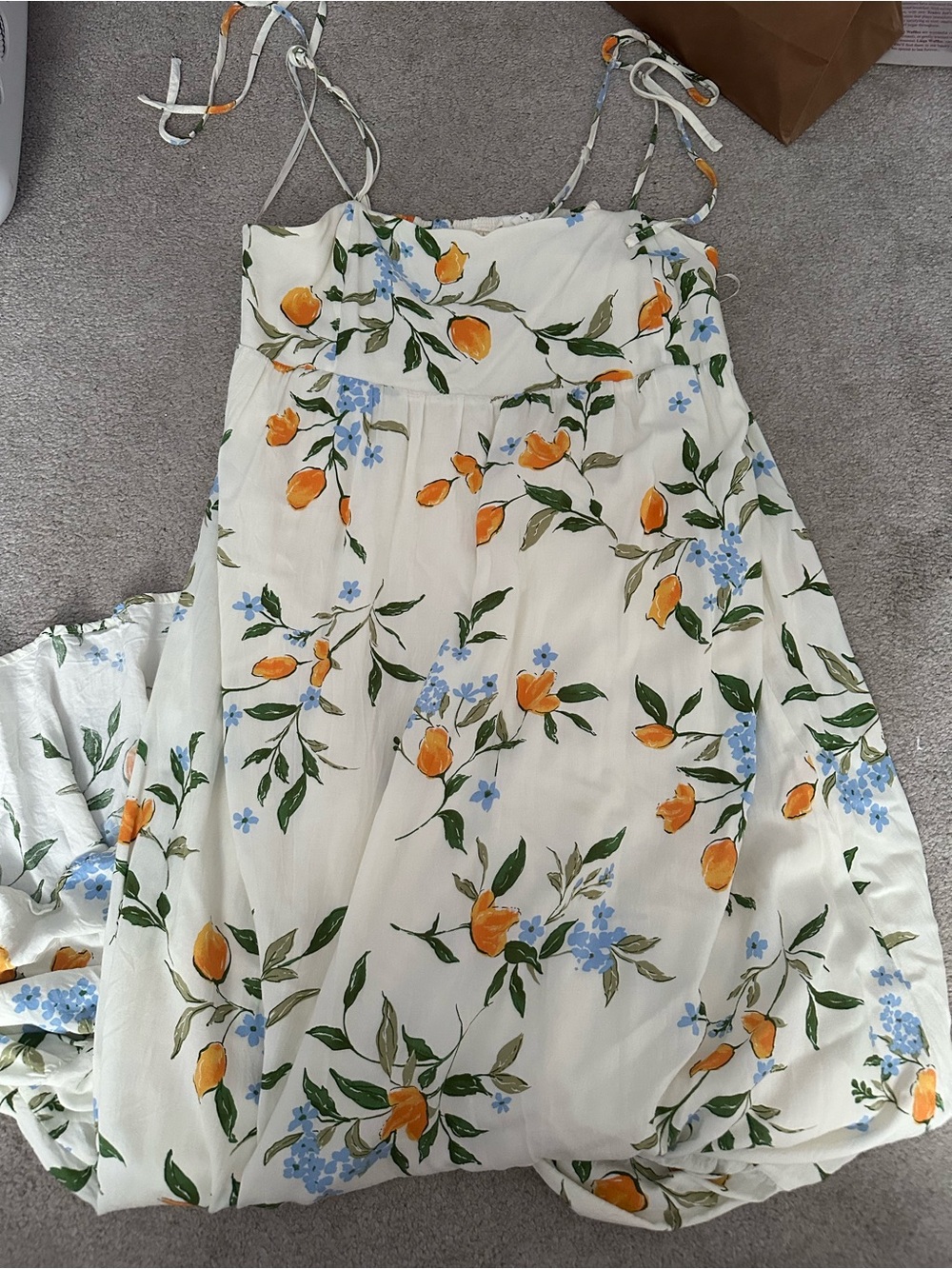White Floral Midi Dress with Blue, Green, and Orange Accents